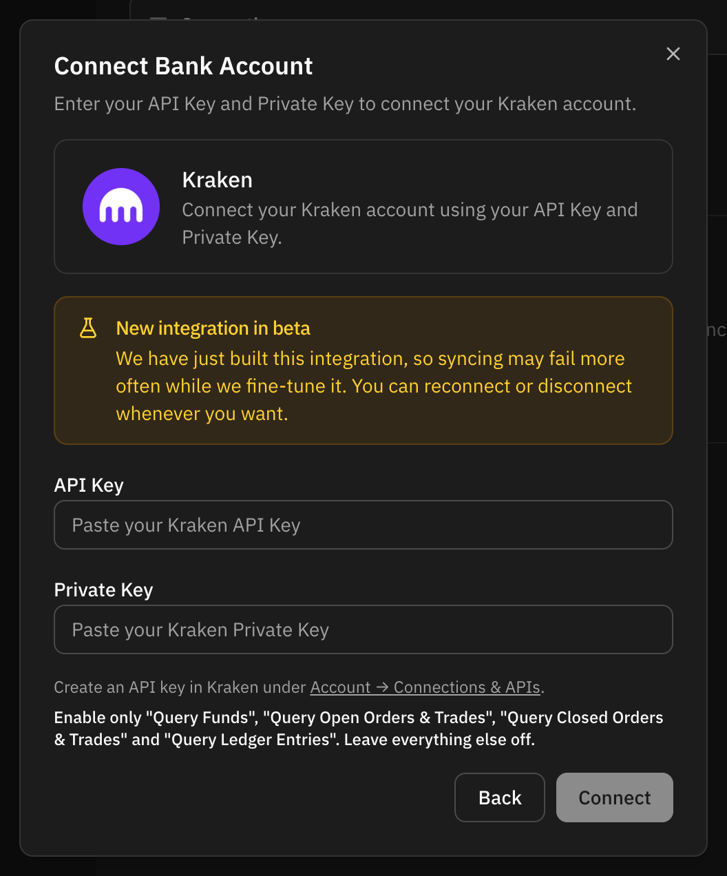 The Kraken form: the beta notice, the API Key and Private Key fields, and the permissions to enable