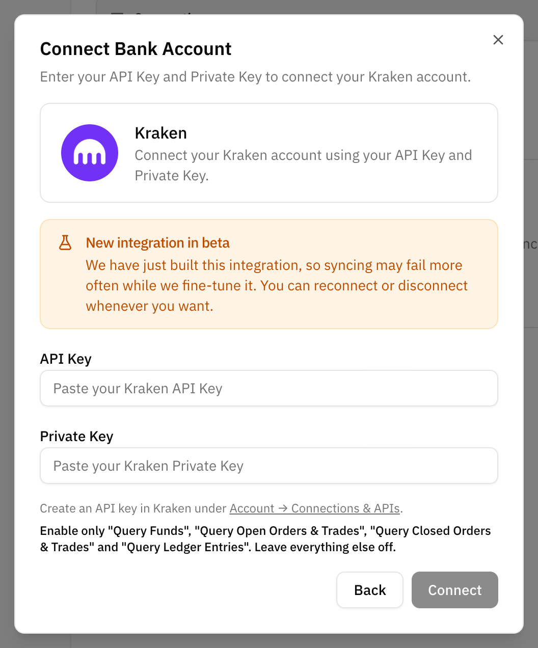 The Kraken form: the beta notice, the API Key and Private Key fields, and the permissions to enable