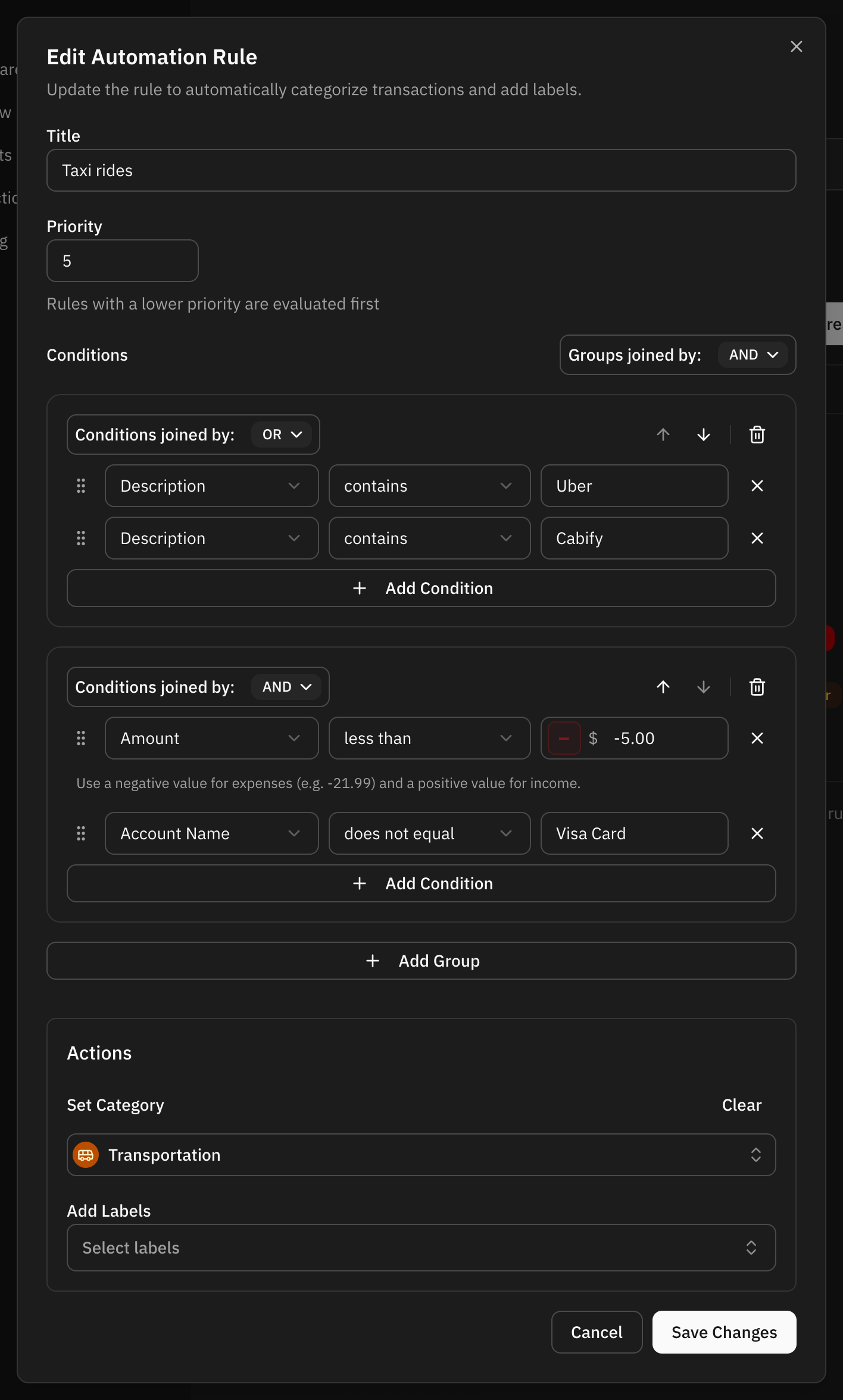 The edit dialog of a rule with two groups: each group header has up and down arrows next to its delete button, and every condition has a drag handle on its left. The rule also shows its priority, 5, under the title