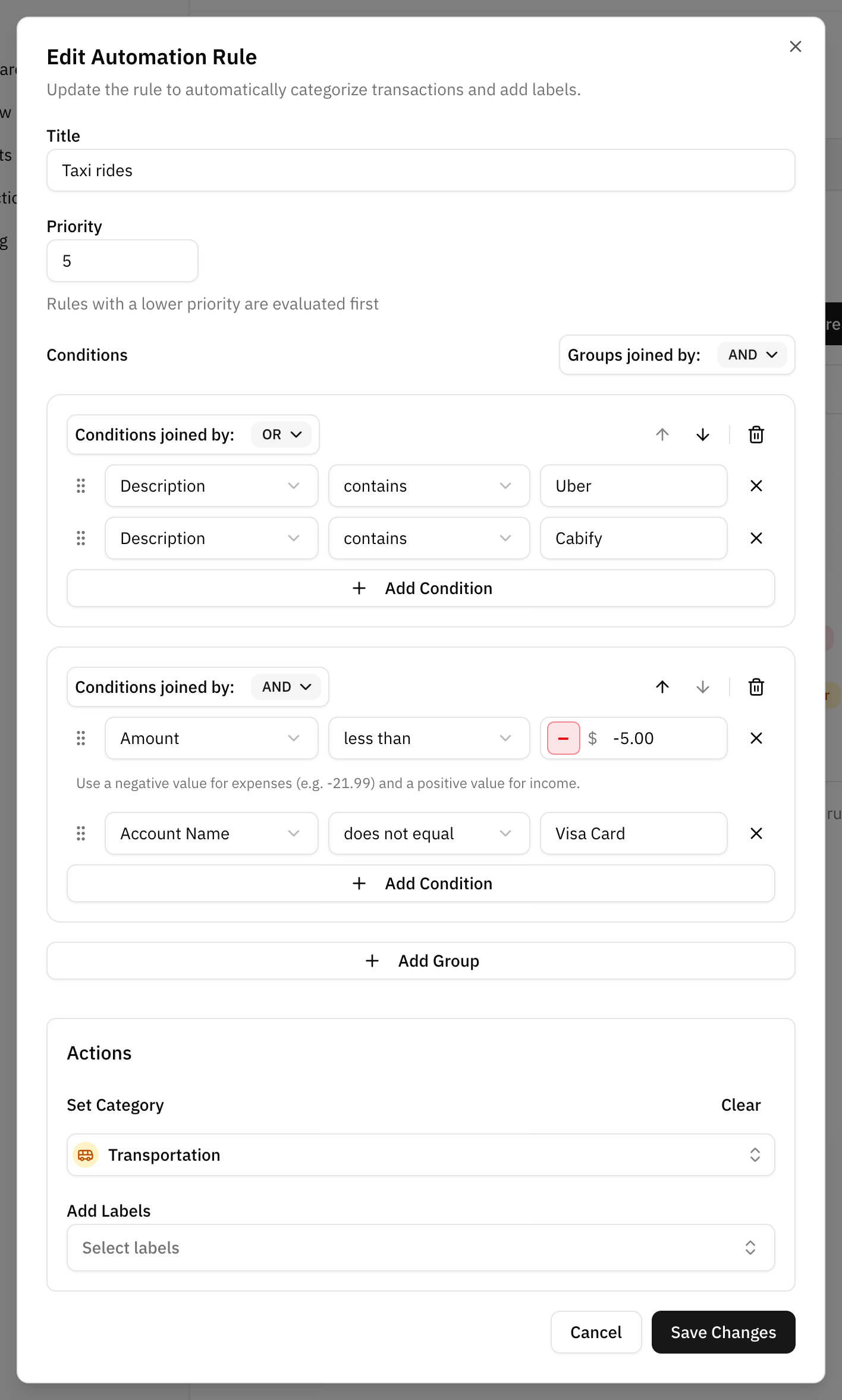 The edit dialog of a rule with two groups: each group header has up and down arrows next to its delete button, and every condition has a drag handle on its left. The rule also shows its priority, 5, under the title