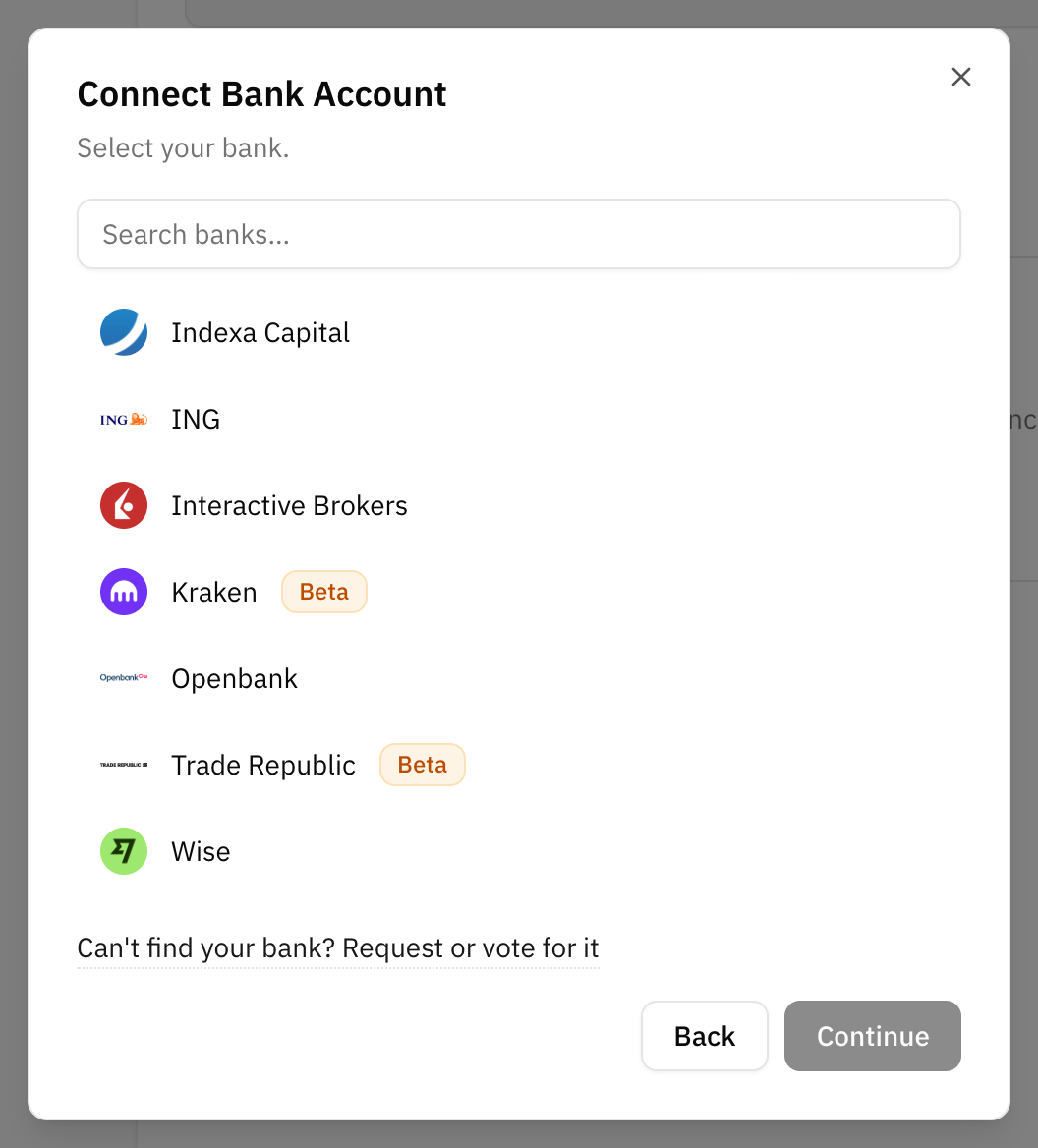 The bank picker: a search box and a list of banks, brokers and exchanges, one of them marked Beta