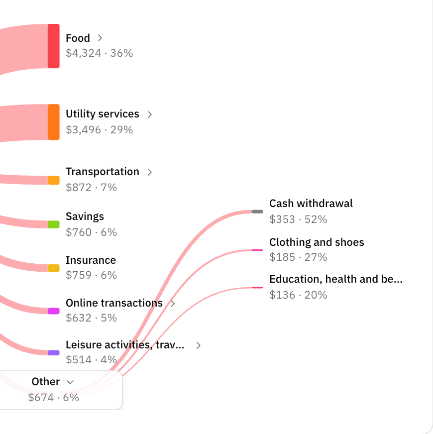 The expense side of Money Flow with Other opened: Other, 6% of spending, fans out into Cash withdrawal, Clothing and shoes, and Education, each with its share of Other