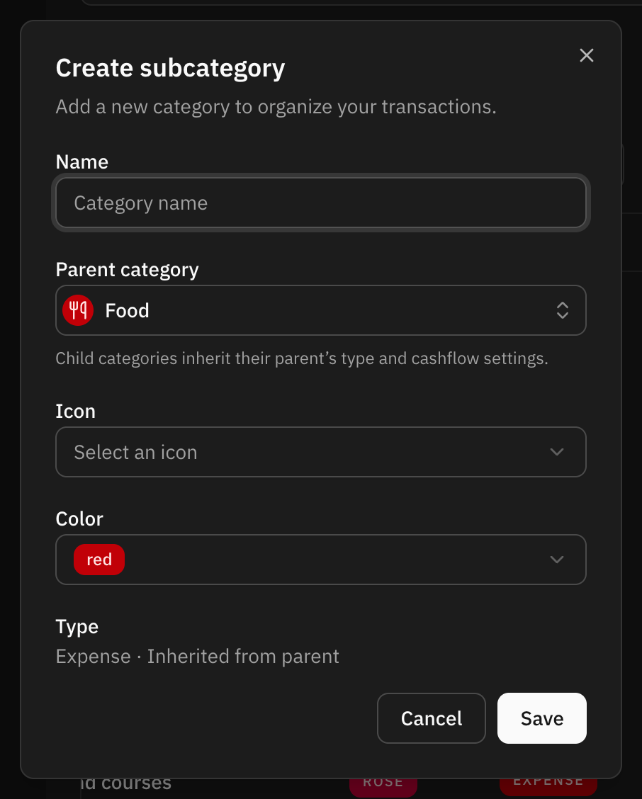 The Create subcategory dialog opened from the Food row: Food already picked as the parent category, its red colour filled in, and the type shown as "Expense · Inherited from parent"