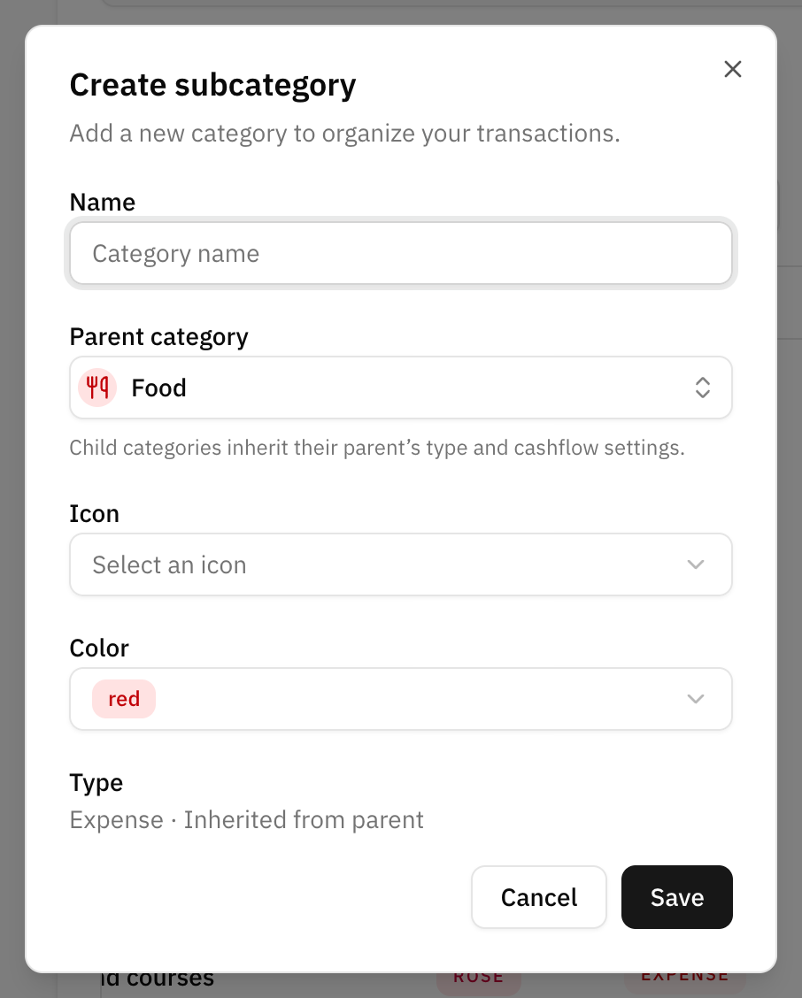 The Create subcategory dialog opened from the Food row: Food already picked as the parent category, its red colour filled in, and the type shown as "Expense · Inherited from parent"