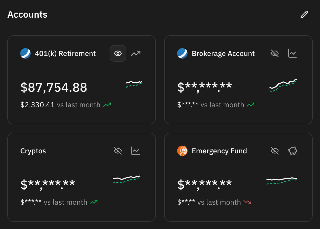 Privacy mode on the dashboard: one account card revealed with its eye button pressed, the others still showing asterisks