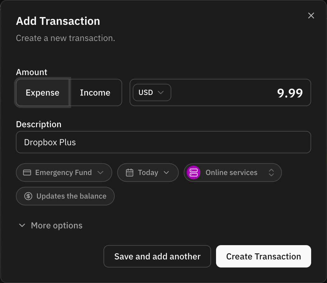 The Add Transaction dialog filled in with the original's amount, description, account and category, dated today
