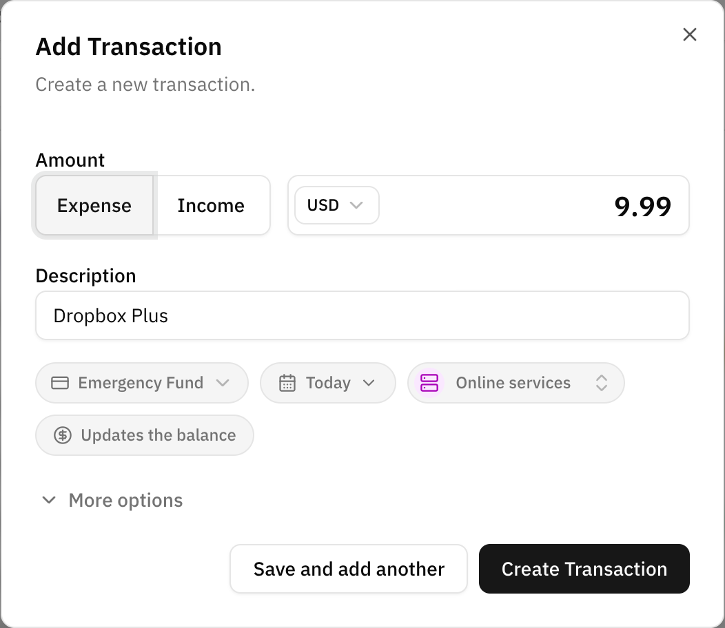 The Add Transaction dialog filled in with the original's amount, description, account and category, dated today