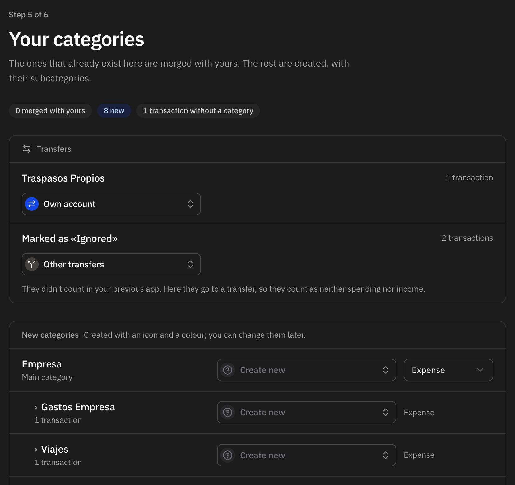 The categories step, with the transfers section and the new categories listed with their subcategories