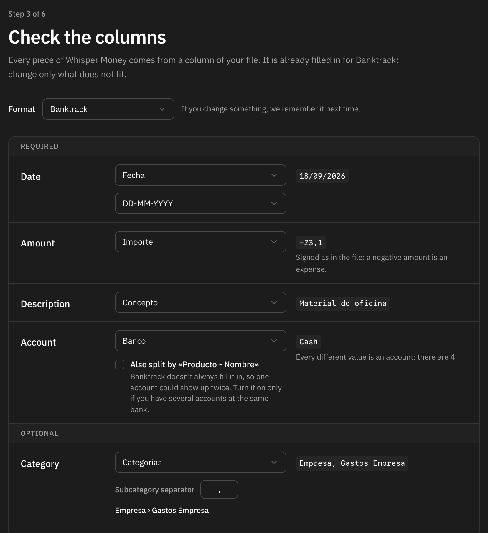 The columns step, with the date, amount, description, account and category columns of a Banktrack export already matched