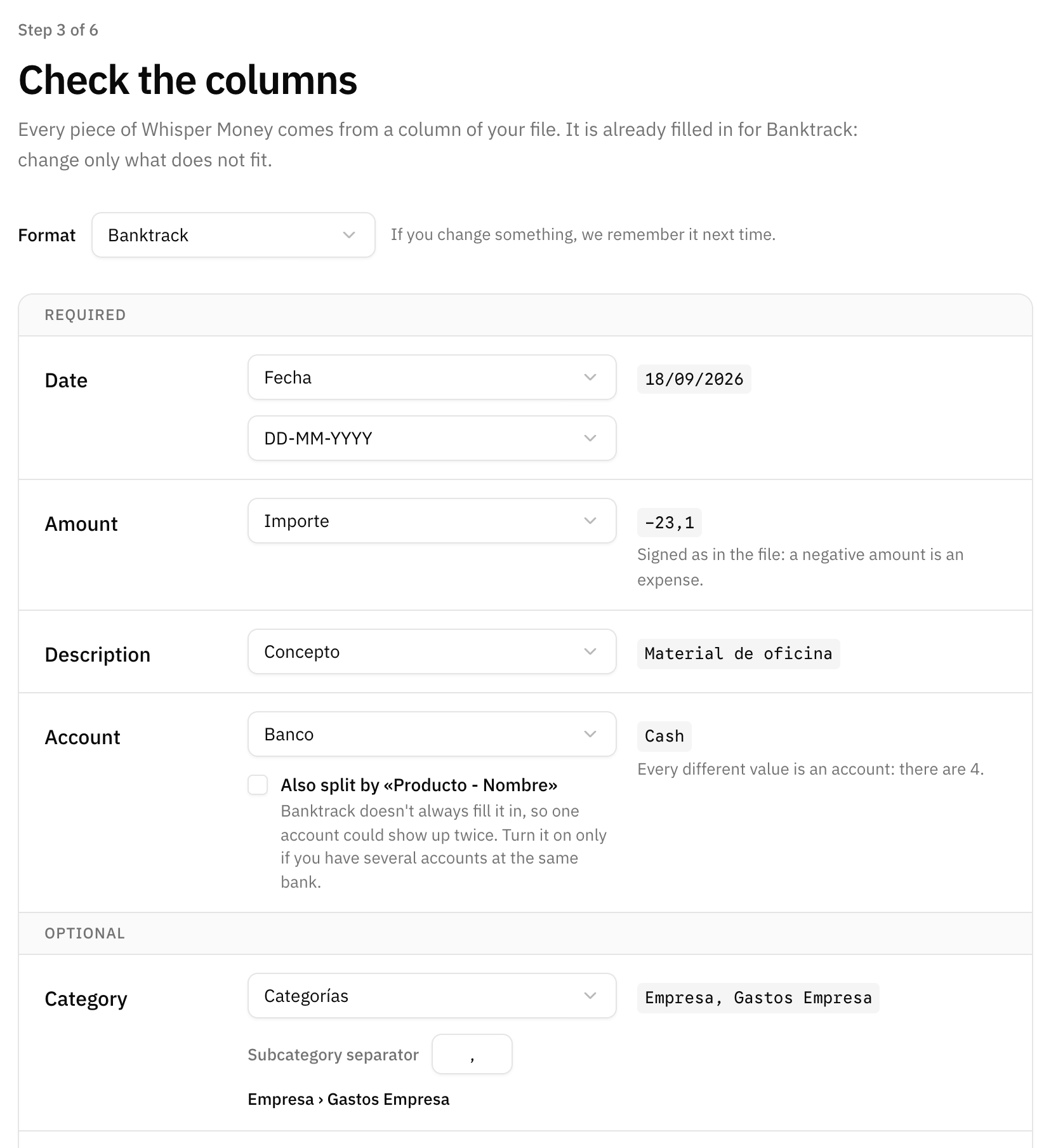 The columns step, with the date, amount, description, account and category columns of a Banktrack export already matched