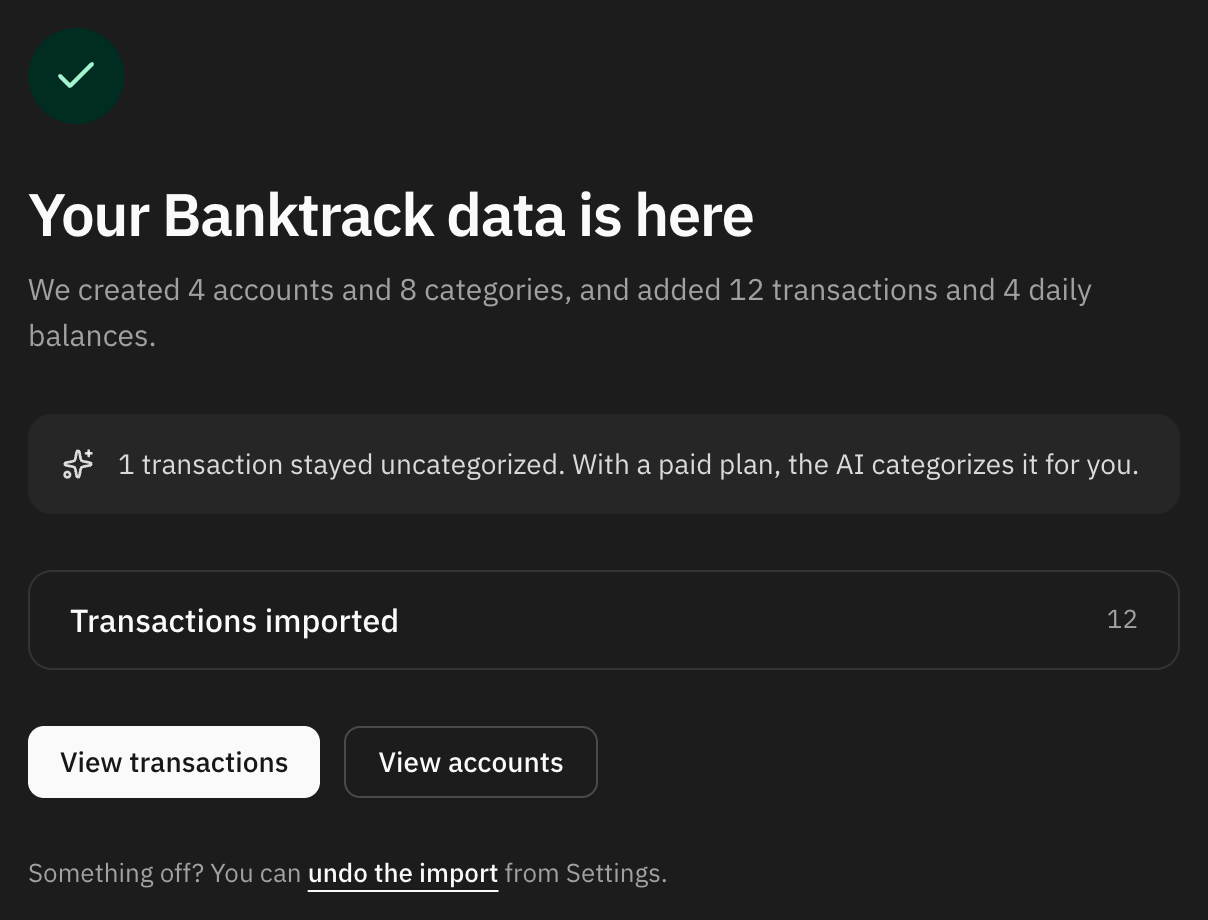The import finished, with the accounts, categories and transactions it brought in