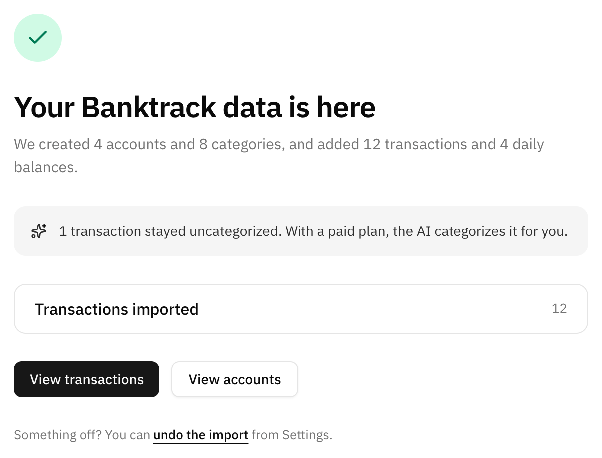 The import finished, with the accounts, categories and transactions it brought in