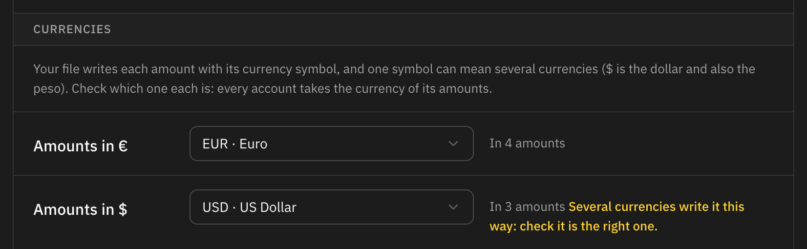 The Currencies card of the columns step, with each currency symbol of a Money Pro export and the currency it is read as