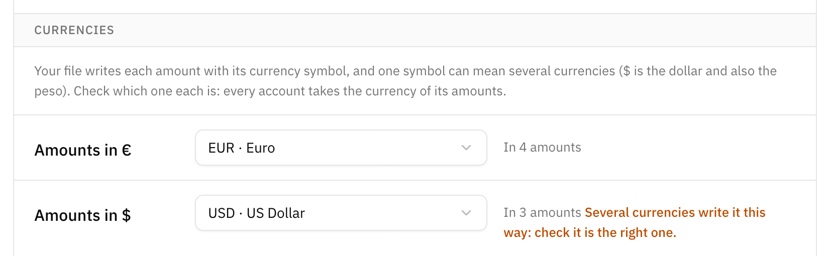 The Currencies card of the columns step, with each currency symbol of a Money Pro export and the currency it is read as