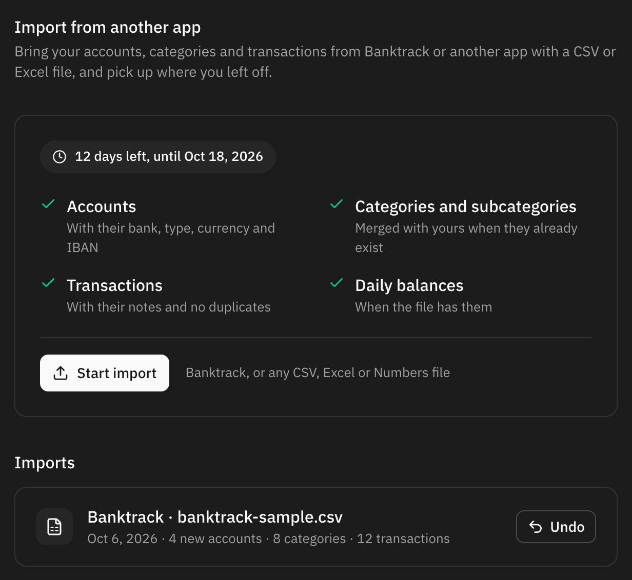 The Import from another app page in Settings, with the days left, what gets imported and the Start import button
