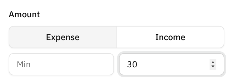 The Amount section of the filters, with Expense chosen and a maximum of 30