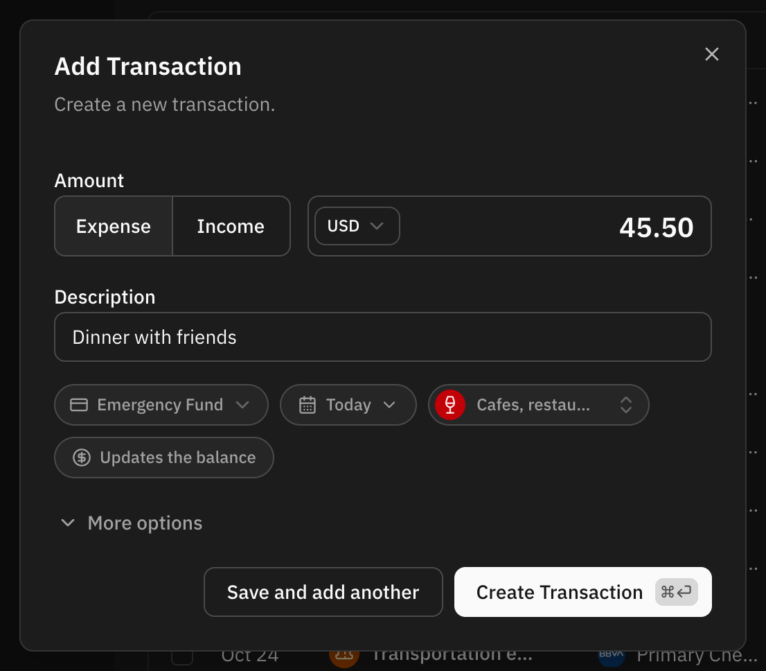 The Add Transaction dialog in its short form: the expense and income toggle and the amount at the top, the description below, and a row of chips for the account, the date, a category already picked from its chip, and the balance