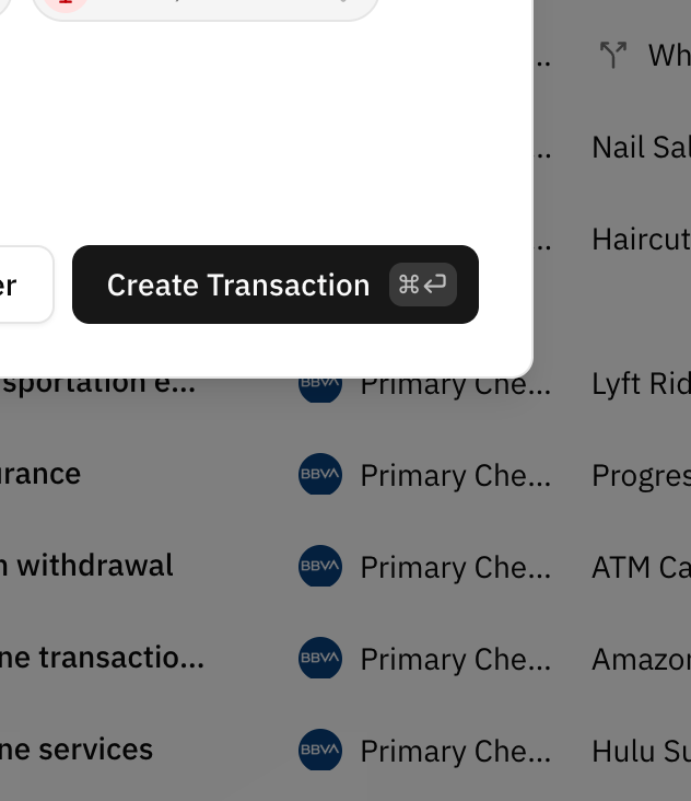 The Add Transaction dialog in its short form: the expense and income toggle and the amount at the top, the description below, and a row of chips for the account, the date, a category already picked from its chip, and the balance